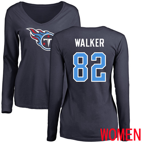 Tennessee Titans Navy Blue Women Delanie Walker Name and Number Logo NFL Football #82 Long Sleeve T Shirt->nfl t-shirts->Sports Accessory